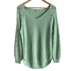 Kismet Pointelle Sleeve Sweater Sz L Mint Green V-Neck Longline Knit Boho EUC